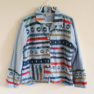 Parsley & Sage Patchwork Pieced Fringe Jacket Button Up Size Large READ